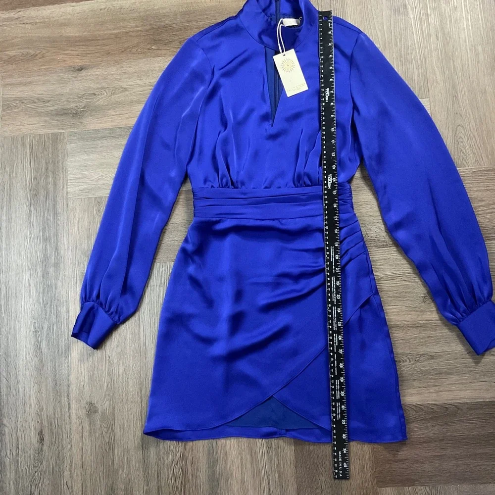 NWT Ramy Brook Angela Satin Mock Neck Keyhole Mini Dress Womens 0 Blue Purple